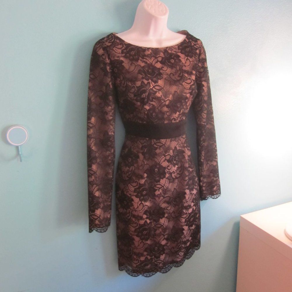 Trina Turk Black Lace Overlay Dress Womens Size 2 Long Sleeve Above Knee